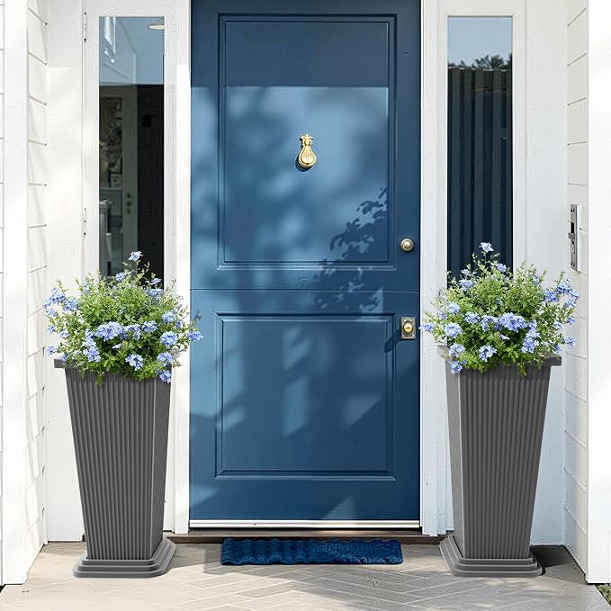 FENCY Set of 2 Tall Planters for Outdoor Plants, Gray Ribbed | 24 Inch, with Drainage Hole & Trays, Plastic Tapered Pots, Weather-Resistant, Front Door Decor