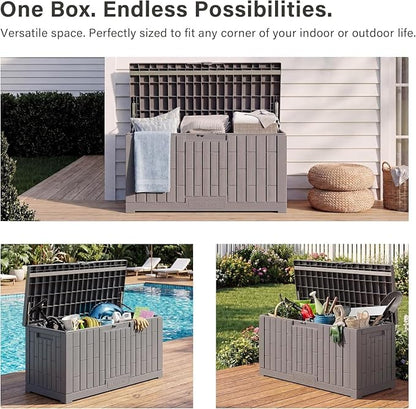 EAST OAK Outdoor Storage Box, 80 Gallon Deck Box, Waterproof Resin Storage Bin for Patio Cushions, Gardening Tools, Lockable, UV Resistant, Ash Grey
