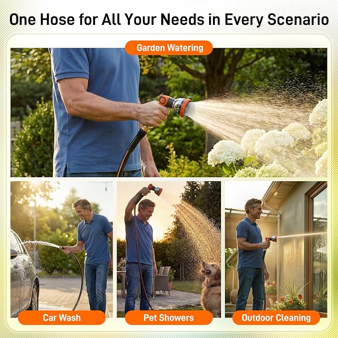 Garden Hose, 50ft 5/8" Heavy Duty Rubber Water Hose, 550 PSI Burst, 360° Anti-Kink Swivel Connectors, All-Weather Flexible, Leakproof 3/4" Brass Male to Female Fittings