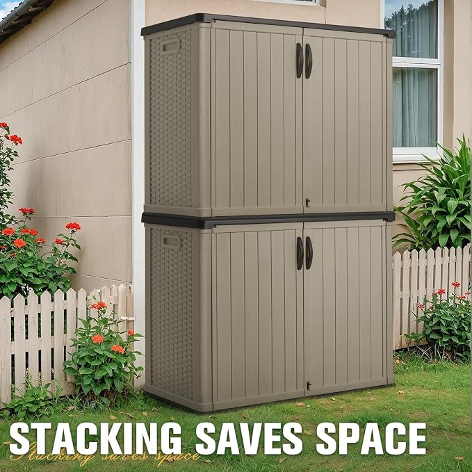 Greesum Outdoor Horizontal Storage Sheds 26 Cu.ft, Resin Large Storaged Box Weather Resistance Without Shelf, Easy to Assemble, Prefect for Garden, Patio, Backyard, Beige