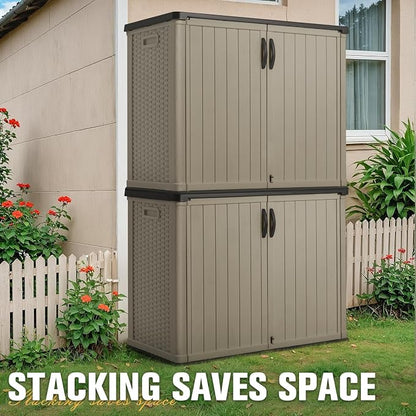 Greesum Outdoor Horizontal Storage Sheds 26 Cu.ft, Resin Large Storaged Box Weather Resistance Without Shelf, Easy to Assemble, Prefect for Garden, Patio, Backyard, Beige