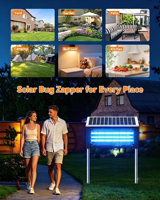 20W Solar Bug Zapper Outdoor, LANGY Upgrade 3-Tube 365nm Solar Mosquito Zapper Outdoor Waterproof, 4500V Electric Cordless Fly Insect Zapper Mosquitos Trap Auto On/Off w 10Ah Battery for Patio Camping