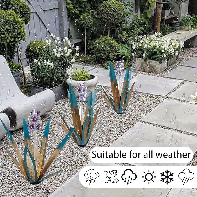 Metal Agave Plant Garden Art, 2 Pack Tequila Rustic Sculpture, Rustic Metal Agave Plants Lawn Home Ornaments, for Yard Stakes, Garden Figurines, Outdoor Patio (2 PCS Purple Flowers)