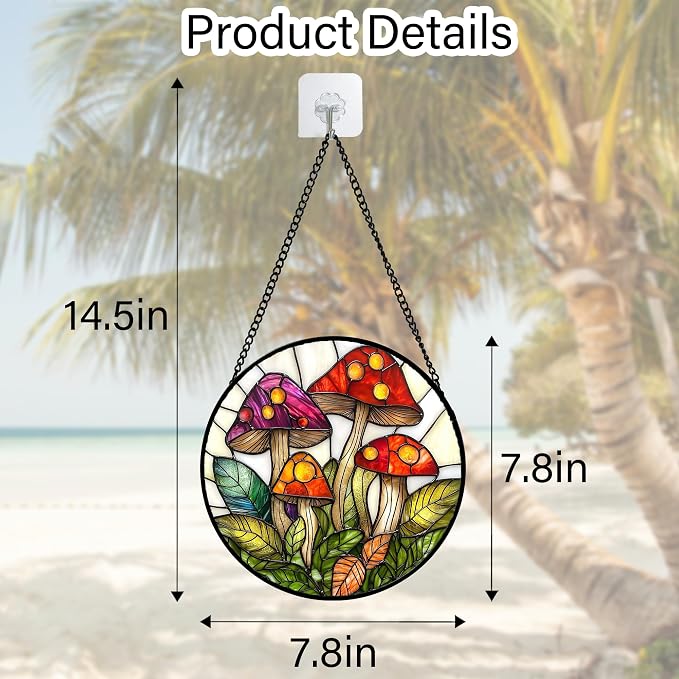 DASTOLL Stained Glass Window Hanging, Mushroom Leaves Suncatcher for Doors Home Sun Catchers Decoration and Christmas, Mother's Day Birthday Gifts for Women, Men, and Mom 7.8 in