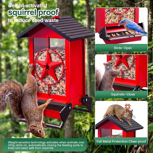 Squirrel Proof Bird Feeders for Outdoors with Weight-Activated, Metal 5LB Large Wild Bird Feeders for Cardinals,Blue Jay,Finch, Weatherproof Durable Hanging Bird Feeder for Backyard,Garden (Red)