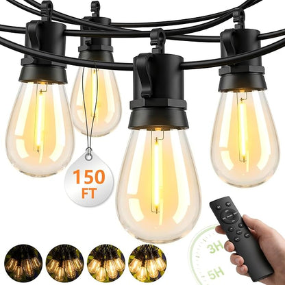 Outdoor String Lights LED Patio-Light - 150Ft Outside Waterproof Dimmable Porch Lights with Remote Shatterproof S14 Bulbs Outside Hanging Light Connectable Lighting for Gazebo Backyard Bistro Pergola