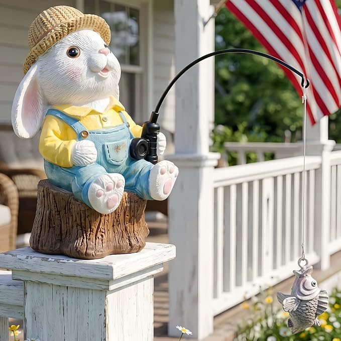 Resin Rabbit Statue - Unique Pond Ornaments & Outdoor Garden Decor | Koi & Fish Pond Accessories | Handcrafted, Durable, Perfect for Koi Fish Decor & Pond Decor