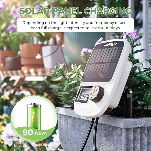 HIRALIY Solar Drip Irrigation System with Timer, Automatic Plant Watering Kit with USB Backup, 12 Drip Emitter Stakes, 40FT Tubing, Water Shortage Alarm for Potted Plants, Patio & Indoor Use