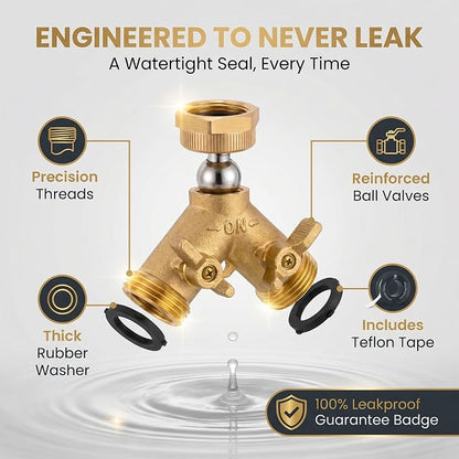 Morvat Brass Heavy-Duty Garden Hose Water Splitter | LEAD-FREE 2-Way Y Splitter for Water Spigot & Faucet | Manifold Connector ON/OFF Valves Improved Comfort Grip, 3 Extra Washers & Teflon Tape, 2 Pk