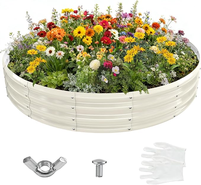 12 Inch Tall 72 Inch Diameter Round White Raised Garden Bed Kits Outdoor | 1 FT Tall,6 FT Planter Bed for Flowers,Herbs,Vegetables,Trees,0.8MM Thick Galvanized Metal Painted,with Gloves,Tool free