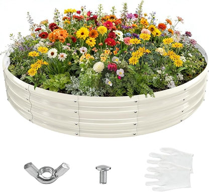 12 Inch Tall 72 Inch Diameter Round White Raised Garden Bed Kits Outdoor | 1 FT Tall,6 FT Planter Bed for Flowers,Herbs,Vegetables,Trees,0.8MM Thick Galvanized Metal Painted,with Gloves,Tool free