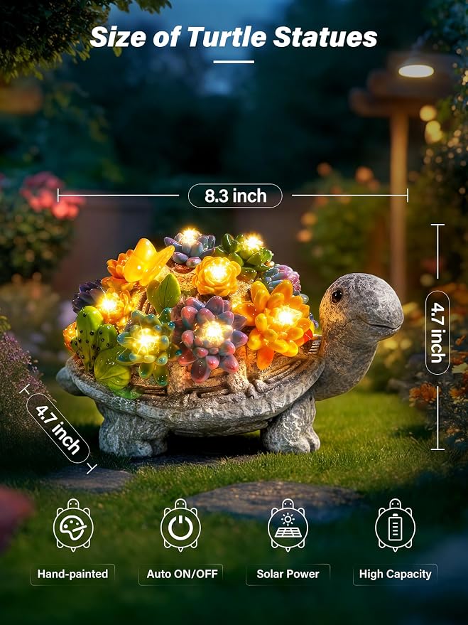 Guhope Solar Garden Statues, Outdoor Turtle Decor with Succulent and 8 LED Lights, Resin Outside Yard Figurine Decor for Garden, Yard, Lawn, Balcony, Porch, Gifts for Mom Grandma