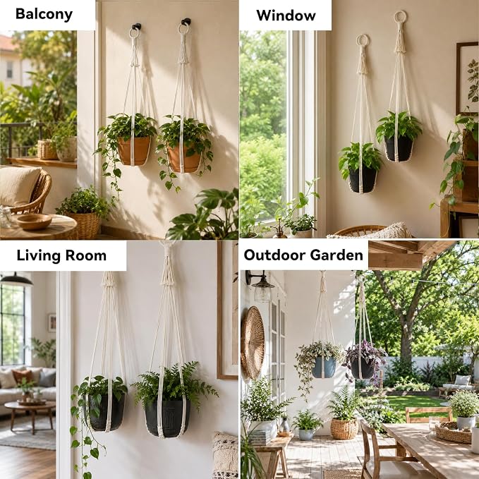 Artilady Macrame Hanging Planters Indoor Plant Hanger, Ivory White | Large, Boho Style, No Tassels, Window Balcony Outdoor Wall Decor