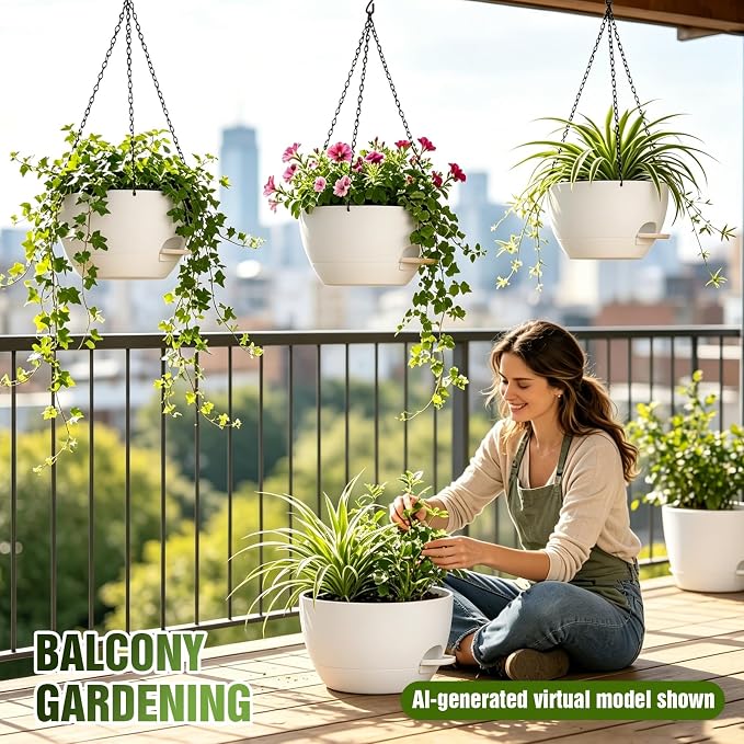 12 Inch Large Self Watering Hanging Planters 2 Pack with Saucers | Set of 2 12-inch self-watering hanging planters with extra soil capacity, side-fill ports, chain hangers & snap-on saucers