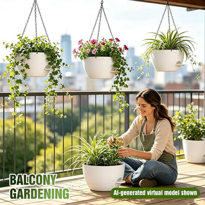 12 Inch Large Self Watering Hanging Planters 2 Pack with Saucers | Set of 2 12-inch self-watering hanging planters with extra soil capacity, side-fill ports, chain hangers & snap-on saucers