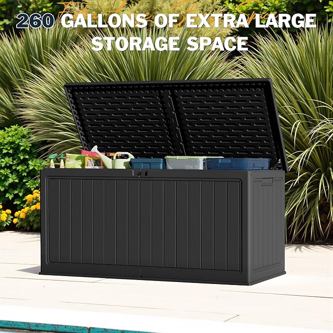 Greesum 260 Gallon HDPE Outdoor Storage Box - Waterproof, Large Capacity Deck Box with Removable Dividers for Patio, Yard, Garden Tools, Black