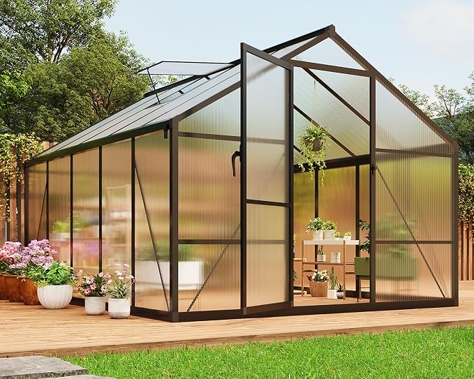 8x10 FT Greenhouse, Greenhouses for Outside, Polycarbonate Greenhouse with Aluminum Frame, Lockable Door and Ajustable Roof Vent for Backyard, Green Houses for Outside Garden Backyard, Patio