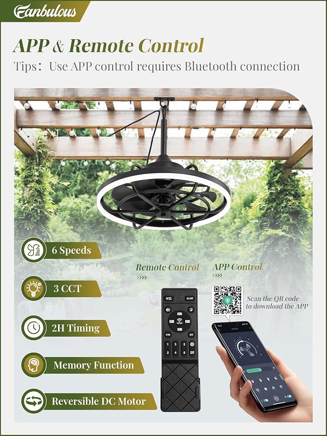 Fanbulous Outdoor Ceiling Fans with Light for Patios, 24" Weatherproof Plug in Ceiling Fan, Gazebo Fan Remote&APP Control, 3CCT Dimmable,Caged Ceiling Fan with Hanging Hook for Porch, Pergola,Canopy
