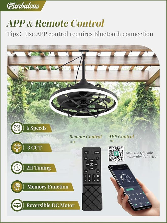 Fanbulous Outdoor Ceiling Fans with Light for Patios, 24" Weatherproof Plug in Ceiling Fan, Gazebo Fan Remote&APP Control, 3CCT Dimmable,Caged Ceiling Fan with Hanging Hook for Porch, Pergola,Canopy