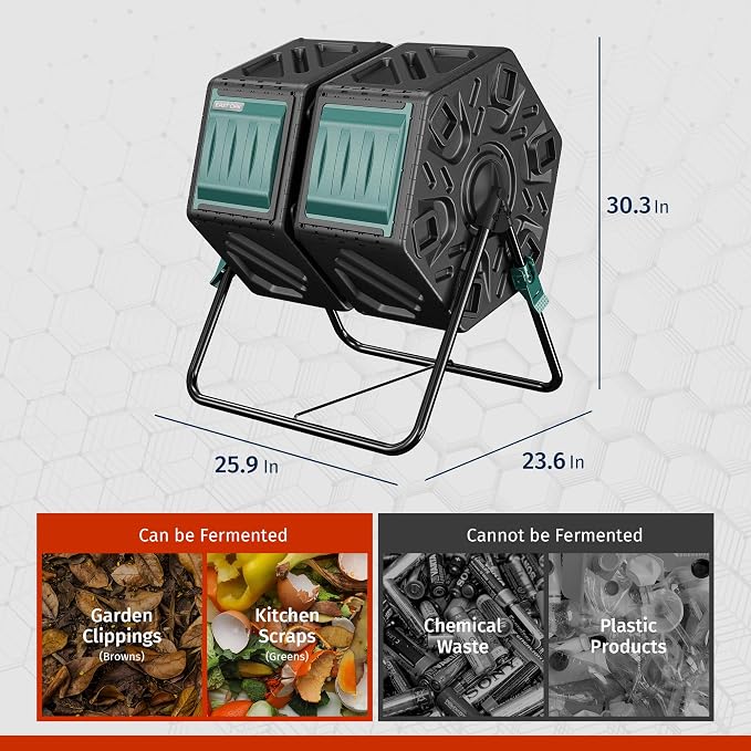 East Oak Dual Chamber Outdoor Compost Tumbler, 2 × 18.5 Gallon Compost Bin, Rotating Composter with Aeration and Locking System for Garden, Kitchen, Yard