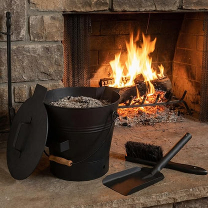 Pure Garden Ash Bucket - Metal Bucket with Lid (2.11-Gallon), Broom, and Shovel for Fireplace or Firepit Ashes - Fireplace Tools (Black) - 1 Count