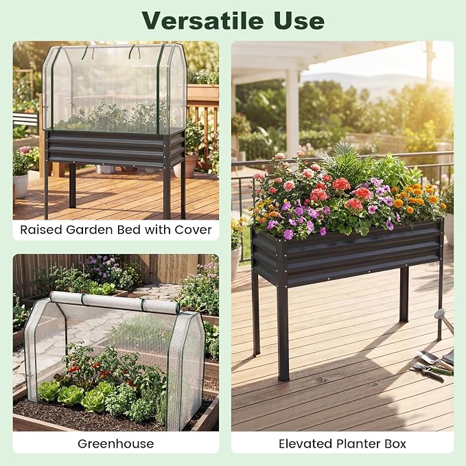 Giantex Raised Garden Bed with Legs & Greenhouse Cover, 44x22x60 Elevated Metal Planter Box with Roll-up Door, Outdoor Mini Greenhouse for Vegetable Flower Herb Patio Balcony (Black,2)