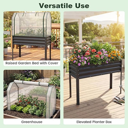 Giantex Raised Garden Bed with Legs & Greenhouse Cover, 44x22x60 Elevated Metal Planter Box with Roll-up Door, Outdoor Mini Greenhouse for Vegetable Flower Herb Patio Balcony (Black,2)