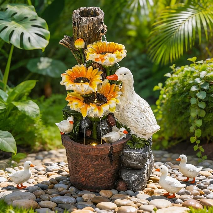 AUTODAYA 19" Sunflower & Duck Water Fountain Indoor Outdoor with LED Lights | 4-Tier Cascading Waterfalls, Rustic Decor for Garden, Yard, Patio, Flowerbed & Farmhouse