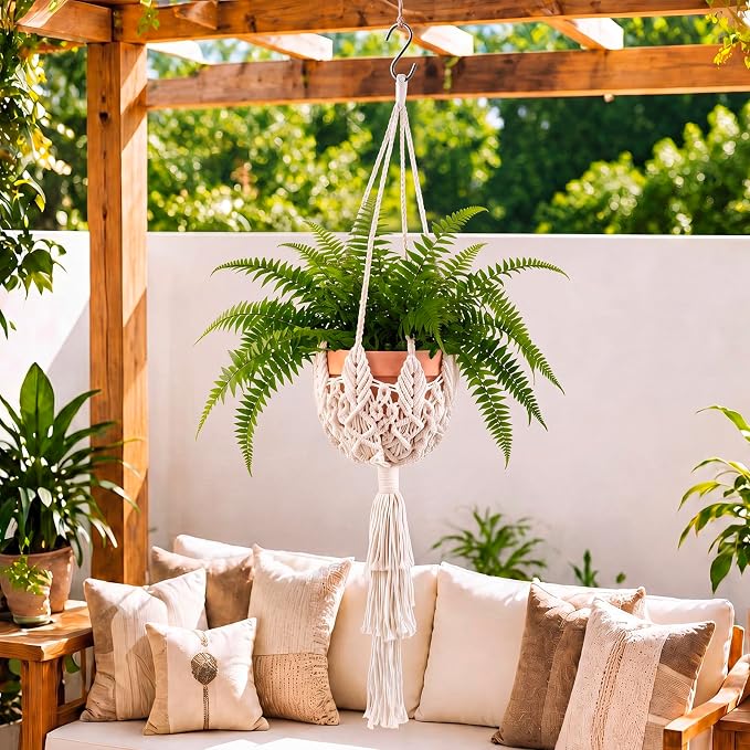 Shappy 1 Pack Boho Macrame Plant Hanger, Large Hanging Planter Plant Holder Pot Hanger Hanging Basket Wall Planters, Plants Lover Gift for Indoor Garden (Twist Braid,White)