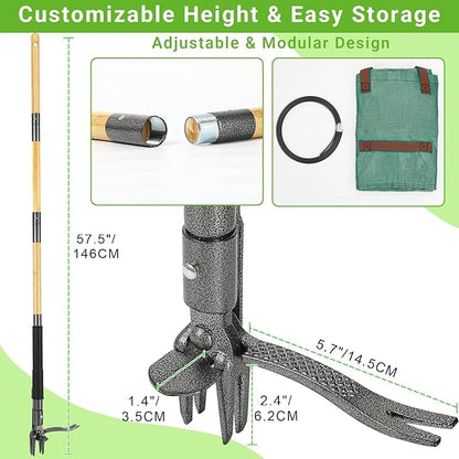 57.5" Weed Puller Tool for Lawn Yard, Dual-Eject Mechanism with Bag | 4-Claw Steel Head,Adjustable 57.5" Bamboo Long Handle,Supports a weight of 265 lbs,Includes 16 Gallon Leaf Bag