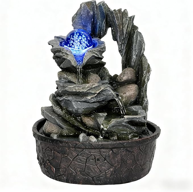 Three Bowls with Rotating Ball Flowing Tabletop Fountain Home Décor Indoor Decor Waterfall Sound Zen Mini Fountain Multicolor LED Light