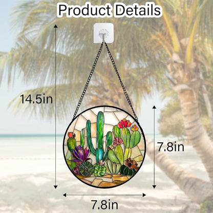 DASTOLL Stained Glass Window Hanging, White Green Cactus Suncatcher Diamond Glass Panel Hangings Sun Catchers Decor for Birthday for Women, Men, Wife, Aunt, and Mom 7.8 in