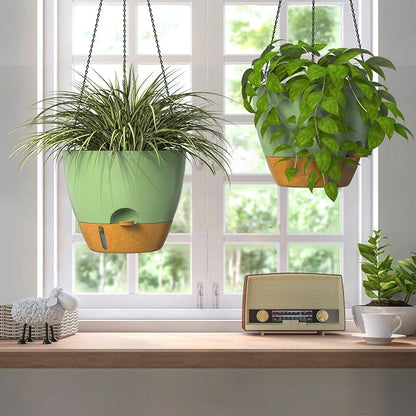 ZMTECH 12 Inch Large Self Watering Hanging Planters for Indoor Outdoor Plants - Water Level Indicator & Removable 60 Oz Reservoir, 1 Pack Plastic Hanging Basket for Window Porch Garden Balcony, Green