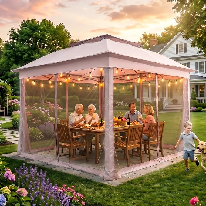 COOS BAY 11x11 Pop Up Gazebo with Mesh Netting, Instant Outdoor Canopy Tent, Water Resistant Shelter with UPF 50+ UV Protection, 121 Sq Ft Coverage, Pink
