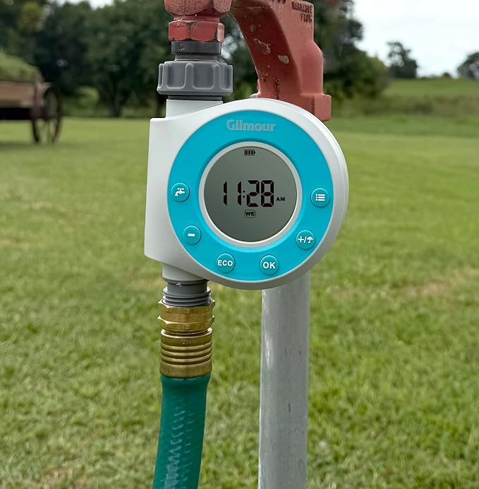Gilmour Single Outlet Water Timer for Garden Hose, Programmable Automatic Watering System, LCD Screen, Rain Delay, Battery Operated