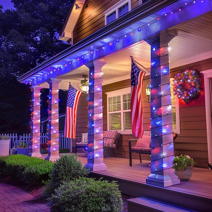 JMEXSUSS 2 Pack Solar String Lights, Red White and Blue, Total 200LED 66ft | Patriot Solar Lights Outdoor Waterproof, 8 Modes 4th of July Lights for Independence Day Patio Yard Tree Decorations