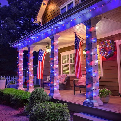 JMEXSUSS 2 Pack Solar String Lights, Red White and Blue, Total 200LED 66ft | Patriot Solar Lights Outdoor Waterproof, 8 Modes 4th of July Lights for Independence Day Patio Yard Tree Decorations