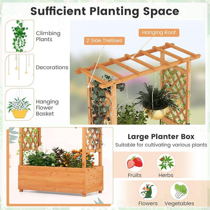 ORALNER Raised Garden Bed with Trellis, Wooden Planter Box with Climbing Frame, Outdoor Elevated Garden Box for Vegetables, Herbs, Flowers, Fruits (Medium)