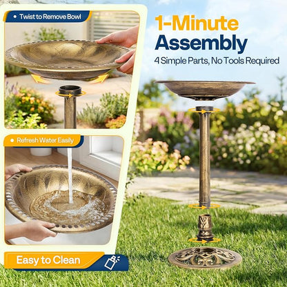 VIVOHOME Bird Bath with Solar Fountain for Outside, Polyresin Pedestal Bird Baths with Solar Powered Pump for Outdoor, Garden, Weather-Resistant Birdbaths with 20" Bowl, Golden
