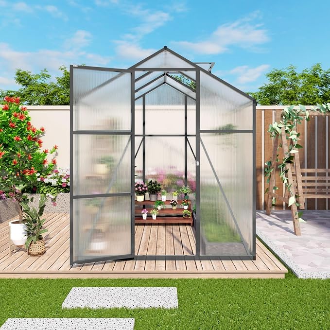 6x6 FT Greenhouse, Walk-in Heavy Duty Polycarbonate Outdoor Greenhouses with Raised Base & Anchor, Height-Enhanced Aluminum Frame, & Drainage System for Backyard All Season Growing, Black