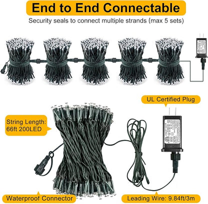 Warm White Christmas Lights Outdoor, 66FT 200 LED Plug in Christmas Tree Lights Waterproof, 8 Modes Connectable String Lights for Outside Patio Garden Wedding Party Holiday Decorations