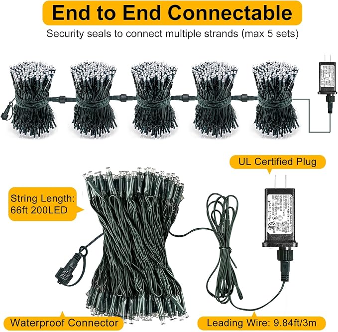 Multicolor Christmas Lights Outdoor, 66FT 200 LED Plug in Christmas Tree Lights Waterproof, 8 Modes Connectable String Lights for Outside Indoor Room Patio Yard Party Holiday Decorations