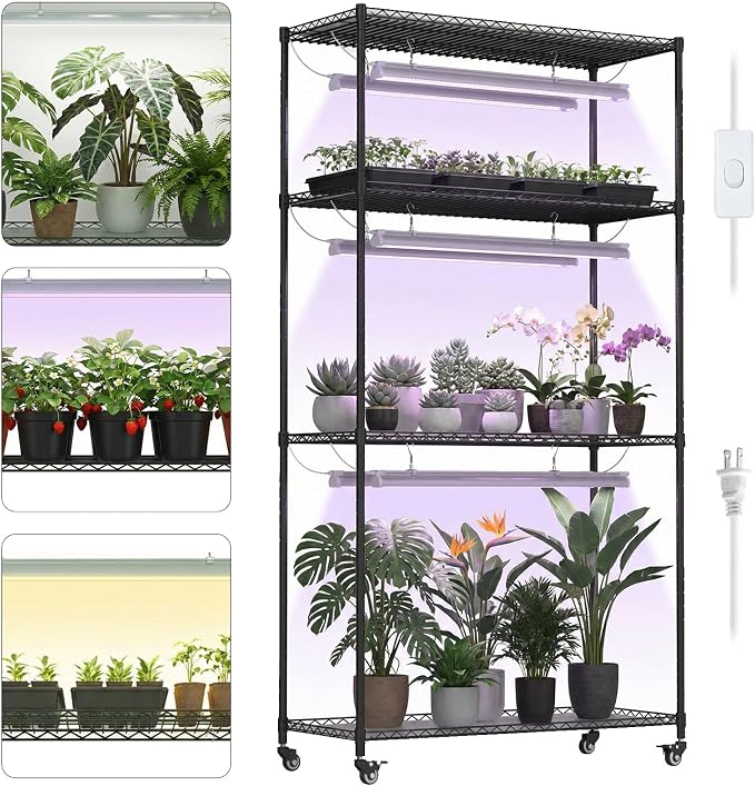 Plant Stand with Grow Lights, Indoor Plant Shelf with Wheels | 36"x14"x63" sturdy Metal Plant Shelving, 6 full-spectrum Grow Light, Timer, Thermometer for herbs, seed starting, propagation