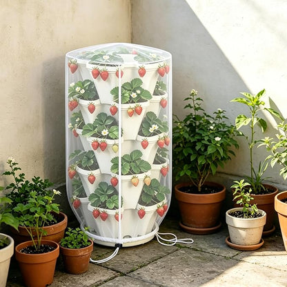 24"x40"Vertical Plant Pot Insect Netting with Zipper for Strawberry Planter | 2 Pcs Stackable 5 Tier Planter Pot Insect Mesh Protection for Herb Flower Fruit Vegetable, Front and Rear Two Zippers