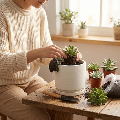 Nihow Ceramic Plant Pot with Resin Figure/Drainage Hole & Saucer,5.7 Inch | White, Cylinder Planters, Art Modem Design, Home Garden Patio Office