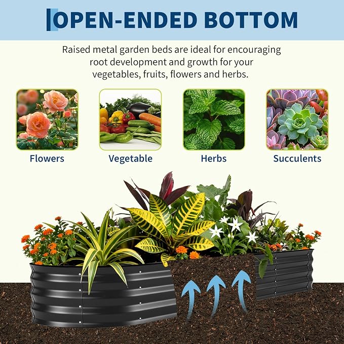 GarveeTech Oval Raised Garden Bed 8x4x1 ft - 0.6mm Thick Metal Raised Bed, Rust & Corrosion Resistant, Open Bottom for Drainage, Anti-Cut Strip Included, for Vegetables Flowers Planting, Black