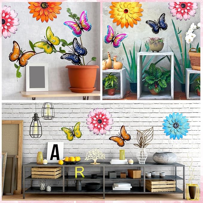 Gisafai 10 Pack Metal Flower Wall Decor Outdoor, 3D Daisy and Butterfly Metal Garden Wall Art, Colorful Fence Decorations for Patio Backyard Balcony Porch, Summer Housewarming Gift(Classic)