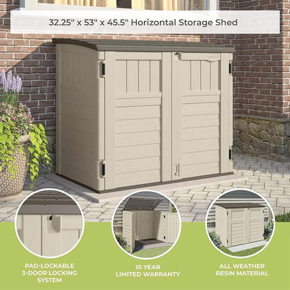 Suncast 3 Pack 34 Cu Ft Capacity Horizontal Outdoor Storage Shed for Garbage Cans, Garden Accessories, Backyard, and Patio Use, Vanilla