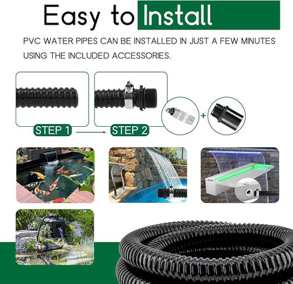 LONGRUN Pond Tubing 1.25 Inch 1-1/4'' Diameter, 23.6 Feet Long Corrugated Flexible Hose Pipe, Pool PVC Tube for Garden Ponds Waterfalls Camping Caravans Filters Drainage Marine