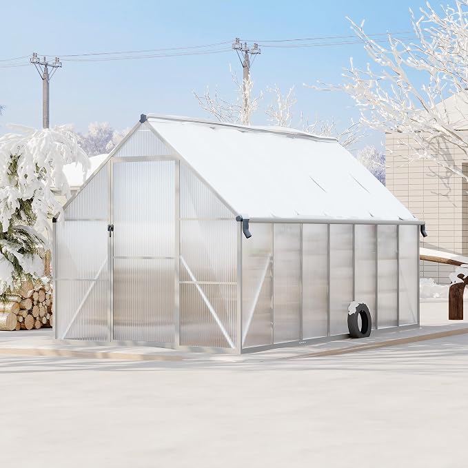 GarveeLife 8X14FT Polycarbonate Greenhouse with Aluminum Frame, Polycarbonate Greenhouse for Outdoors, Greenhouses with Ventilation and Rain Gutter, Aluminum Large Walk-in Greenhouses for Outside